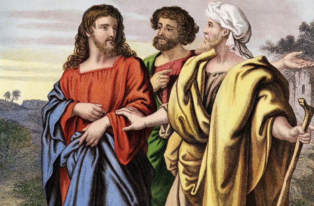Una pintura de la historia del Evangelio sobre el camino a Emaús.  Jesús, vestido de rojo y azul, camina junto a otros dos hombres que discuten con Jesús